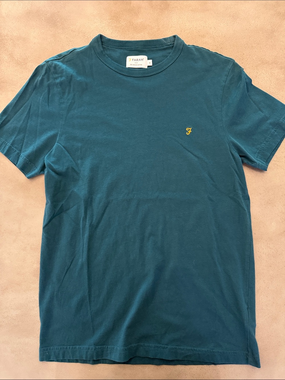 😎 Farah Men's Teal Short-Sleeve Crew T-Shirt with Yellow Logo